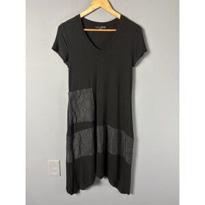 KOZAN Womens XS Black Short Sleeve Dress with Crinkle Trim Lagenlook READ